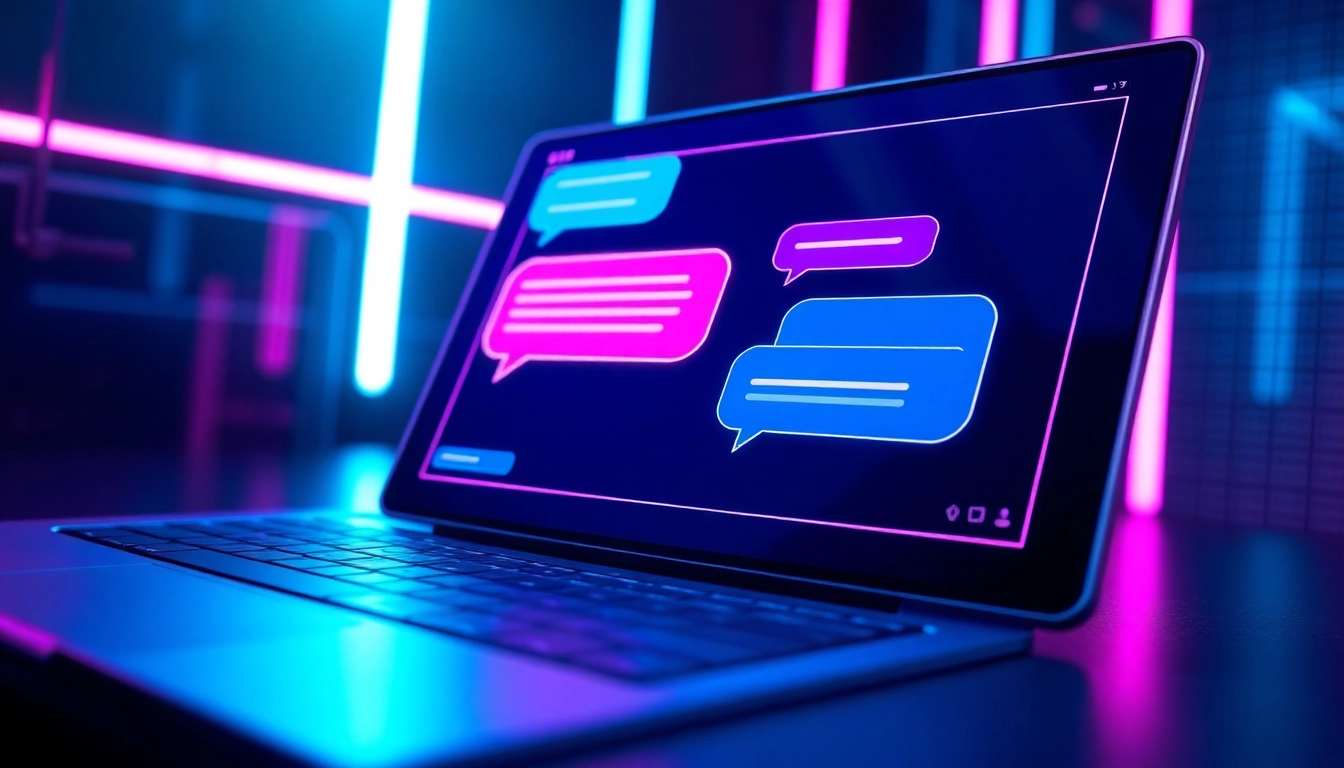 Futuristic AI chatbot interface with neon lights and digital chat bubbles on a sleek screen