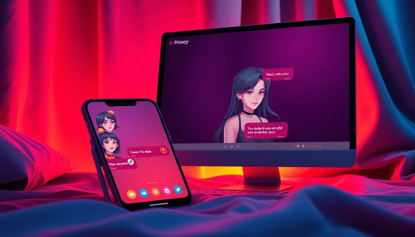 Futuristic digital interface on mobile and desktop with customizable characters in a neon-lit setting.