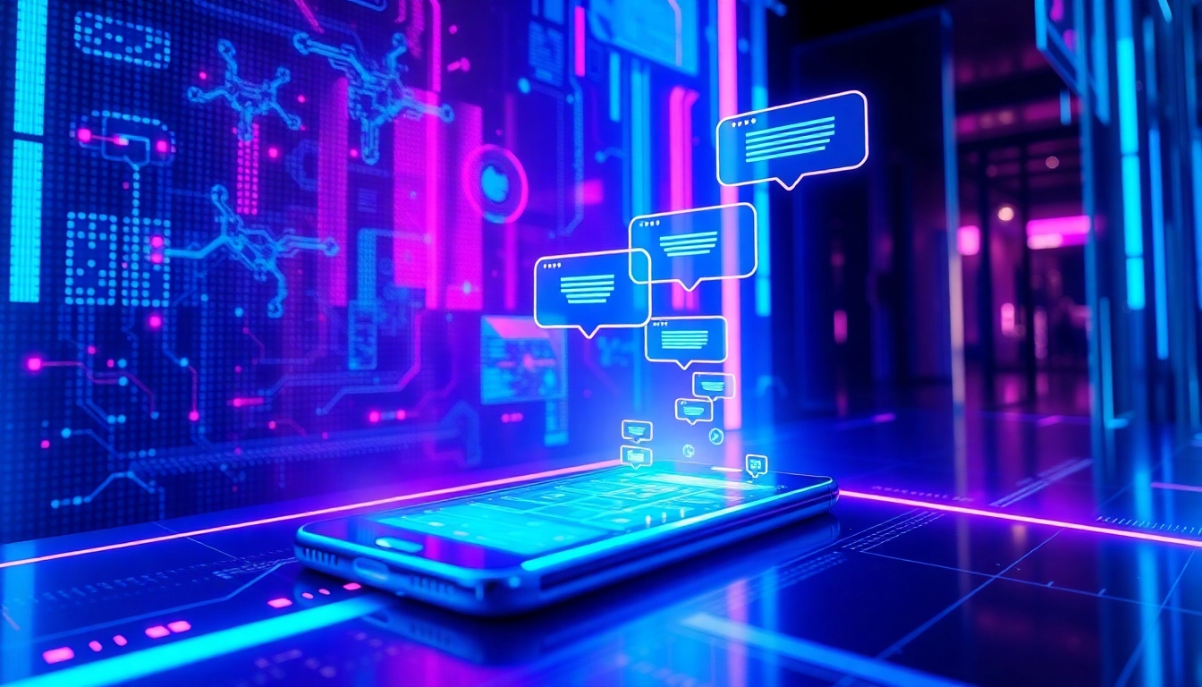 A futuristic digital interface with holographic chat bubbles and vibrant neon lights representing AI chat interactions.