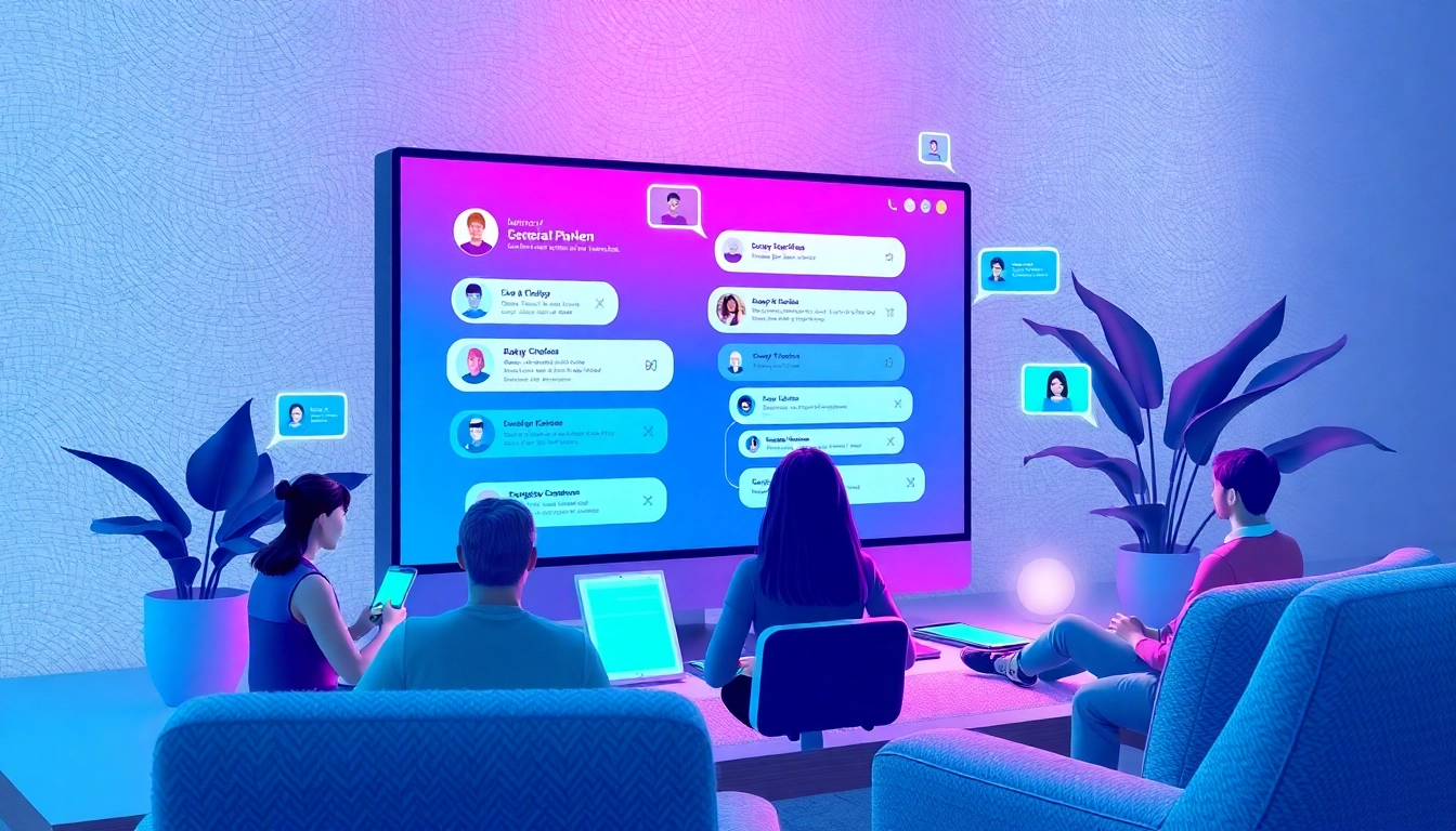 An illustration of a futuristic chatbot interface on devices with glowing holographic conversation elements and diverse users interacting.