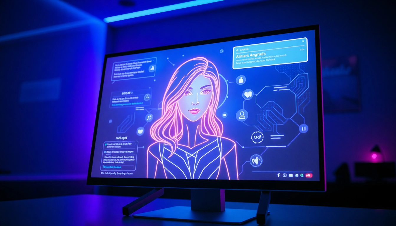 Futuristic AI chatbot interface on a digital screen in a dimly lit room with neon lighting