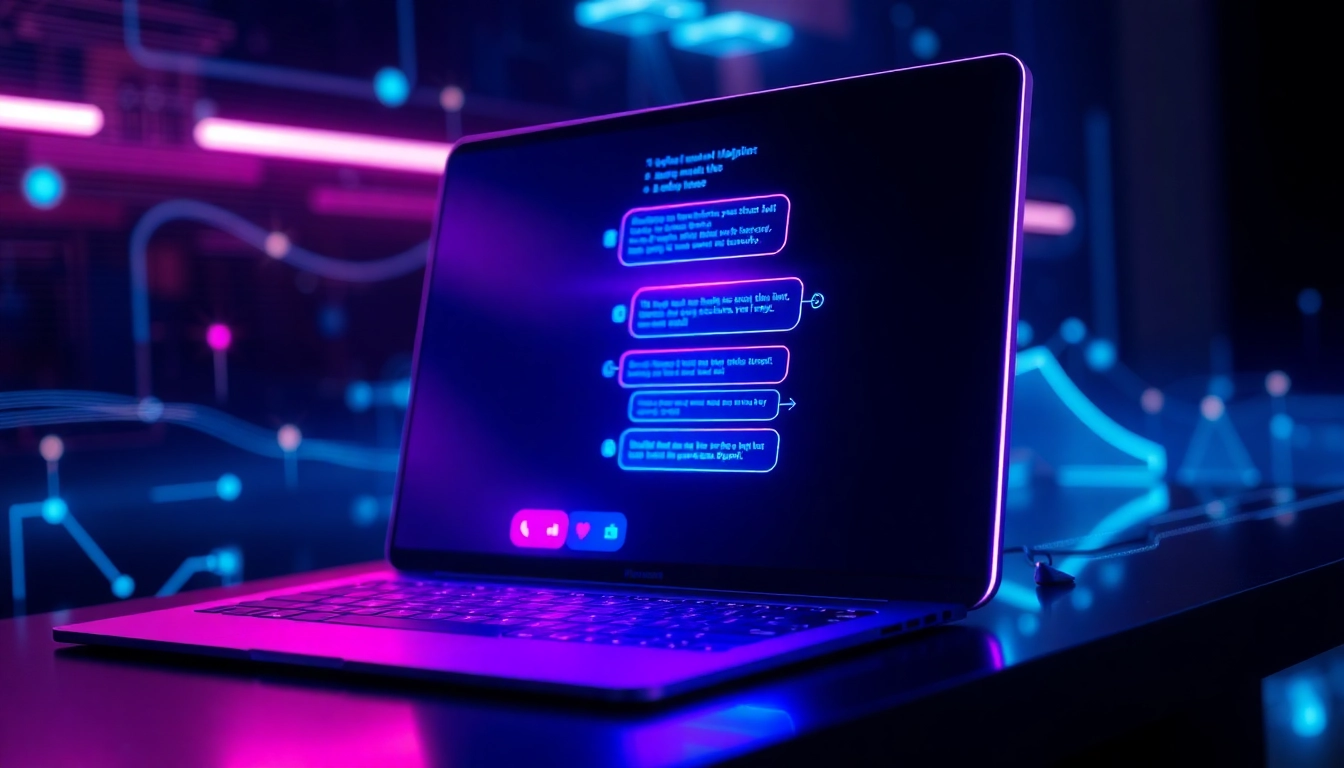 Futuristic AI chatbot interface with neon accents on a sleek digital screen, emphasizing technology and intimacy.