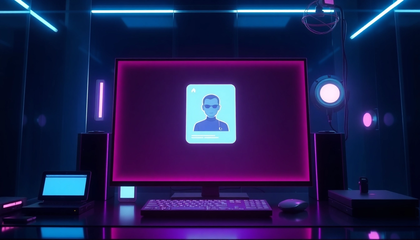 Futuristic AI chatbot interface on a high-tech screen in a neon-lit cyberpunk room.