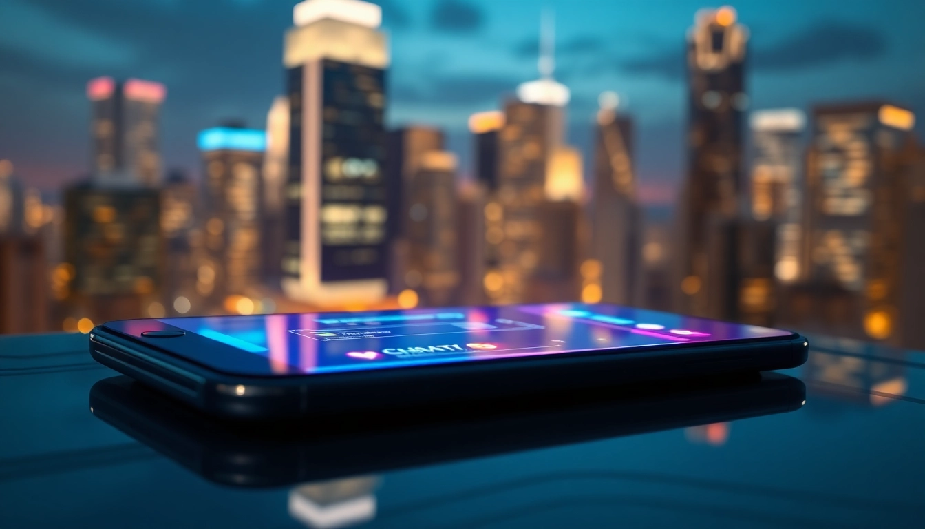Futuristic digital chat interface with neon hologram on a high-tech device screen at night