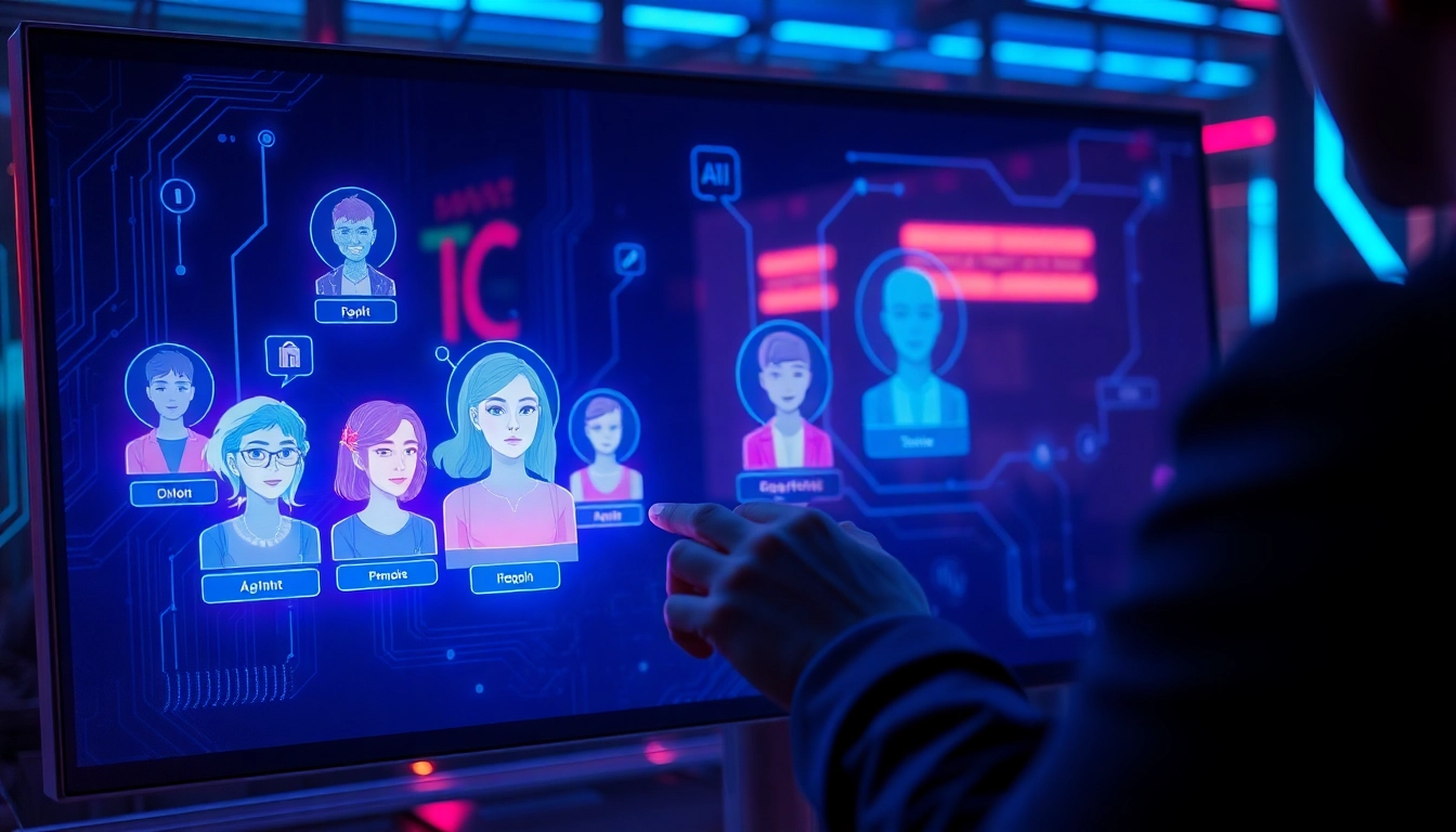 Futuristic AI chatbot interface with holographic characters and advanced technology elements.