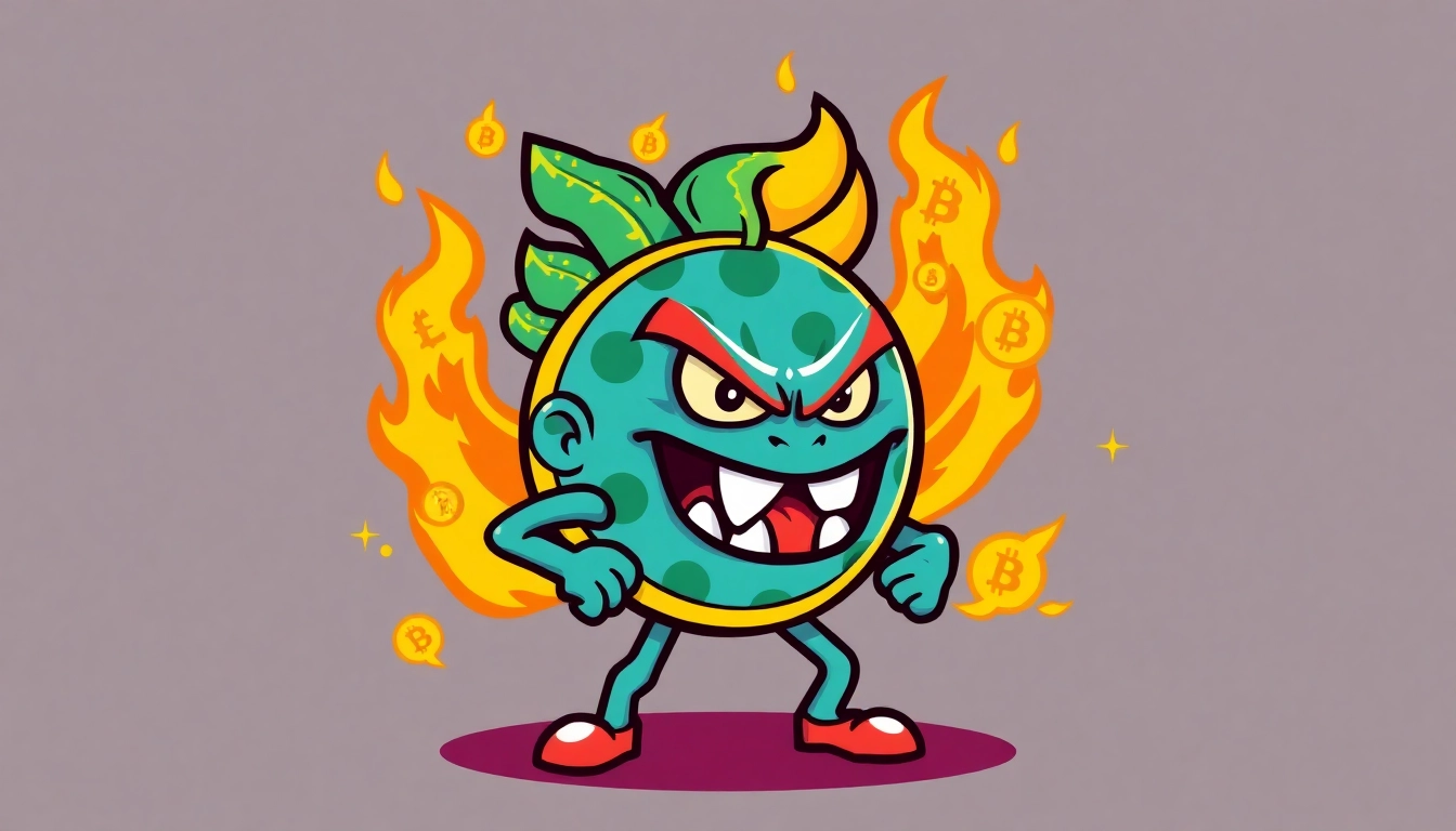 Angry Pepe Coin depicted as a fierce cartoon character in action with crypto symbols,