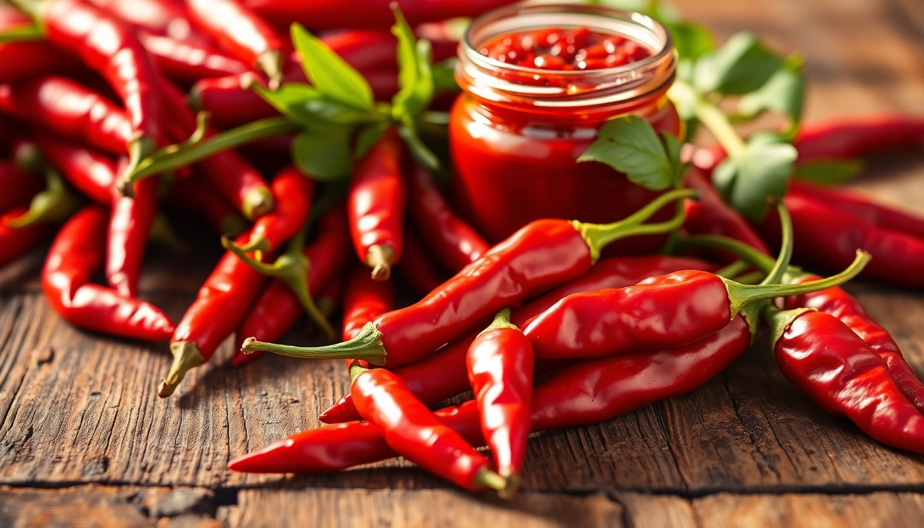 High-quality red chili paste being stirred in a rustic bowl with fresh red chillies around,